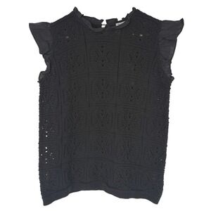 Grace + Karma Womens Pointelle Knit Top Size‎ M Black Ruffle Cap Sleeve Whimsy